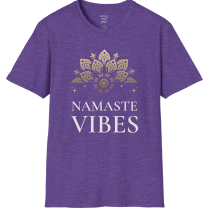Ornate gold lotus crest above “NAMASTE VIBES” vintage typography design — The Vault collection by Ramro Yoga Wear — Heather Purple