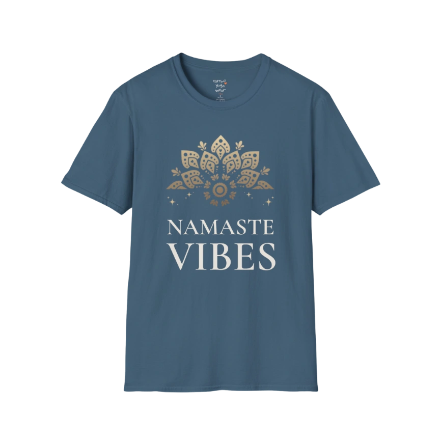 Ornate gold lotus crest above “NAMASTE VIBES” vintage typography design — The Vault collection by Ramro Yoga Wear —  Indigo Blue