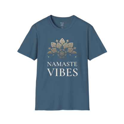 Ornate gold lotus crest above “NAMASTE VIBES” vintage typography design — The Vault collection by Ramro Yoga Wear —  Indigo Blue