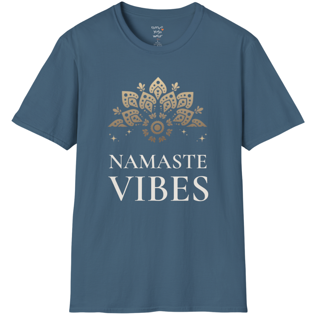 Ornate gold lotus crest above “NAMASTE VIBES” vintage typography design — The Vault collection by Ramro Yoga Wear —  Indigo Blue