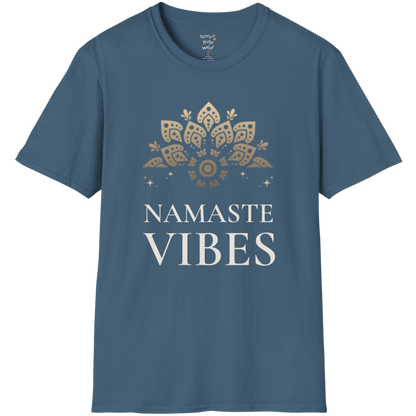 Ornate gold lotus crest above “NAMASTE VIBES” vintage typography design — The Vault collection by Ramro Yoga Wear —  Indigo Blue