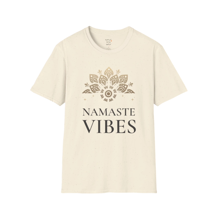 Ornate gold lotus crest above “NAMASTE VIBES” vintage typography design — The Vault collection by Ramro Yoga Wear — Natural