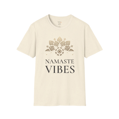 Ornate gold lotus crest above “NAMASTE VIBES” vintage typography design — The Vault collection by Ramro Yoga Wear — Natural