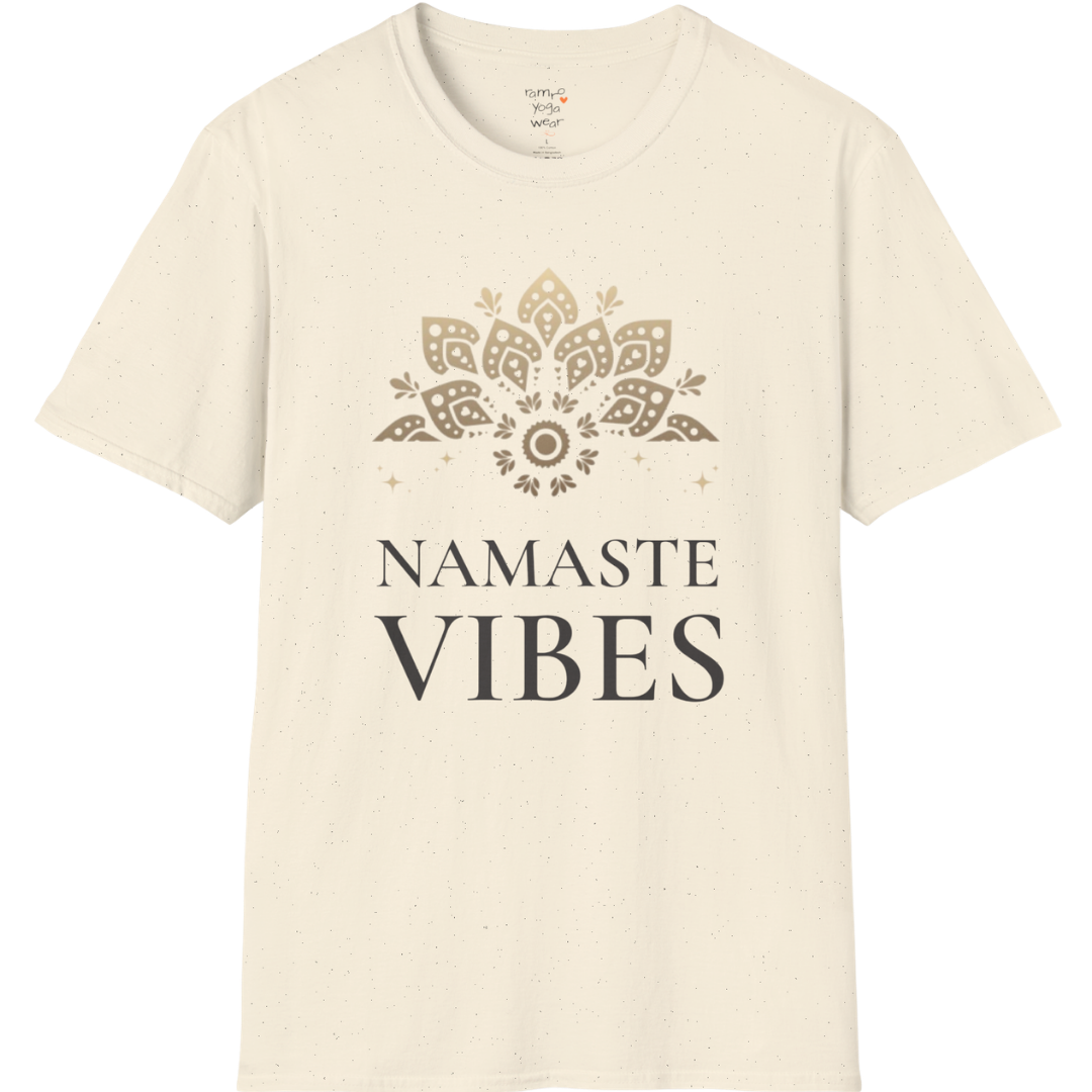 Ornate gold lotus crest above “NAMASTE VIBES” vintage typography design — The Vault collection by Ramro Yoga Wear — Natural