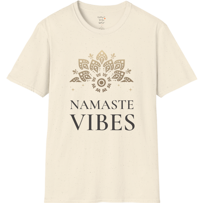 Ornate gold lotus crest above “NAMASTE VIBES” vintage typography design — The Vault collection by Ramro Yoga Wear — Natural