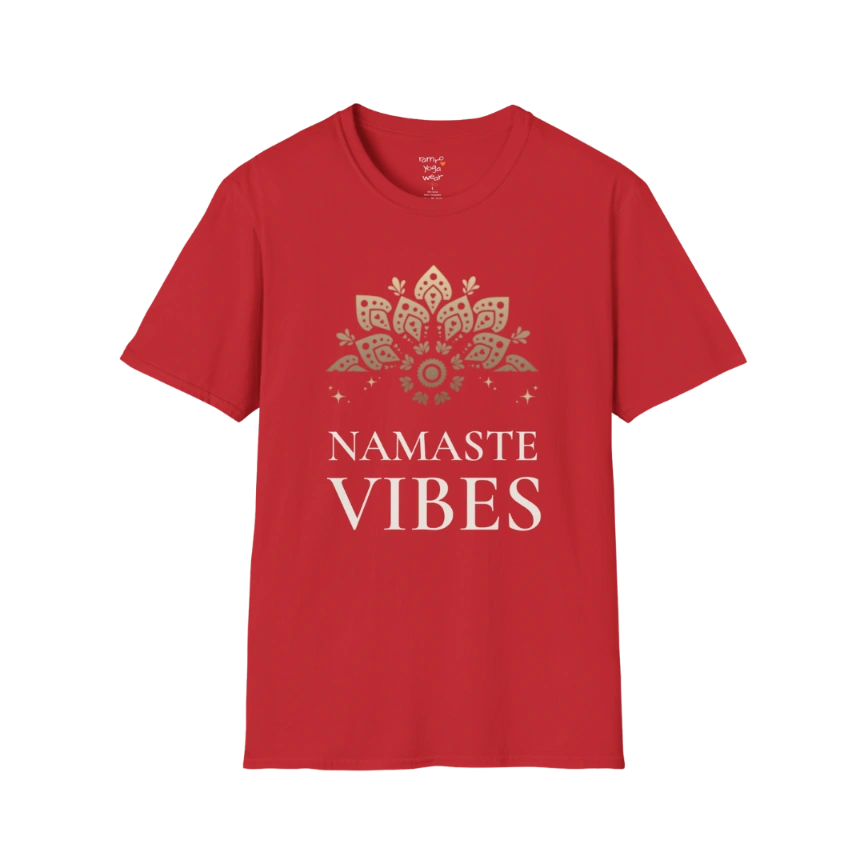 Ornate gold lotus crest above “NAMASTE VIBES” vintage typography design — The Vault collection by Ramro Yoga Wear — Red
