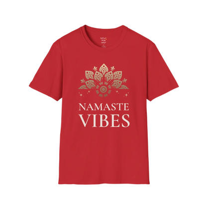 Ornate gold lotus crest above “NAMASTE VIBES” vintage typography design — The Vault collection by Ramro Yoga Wear — Red