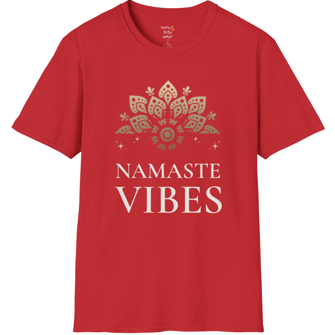 Ornate gold lotus crest above “NAMASTE VIBES” vintage typography design — The Vault collection by Ramro Yoga Wear — Red