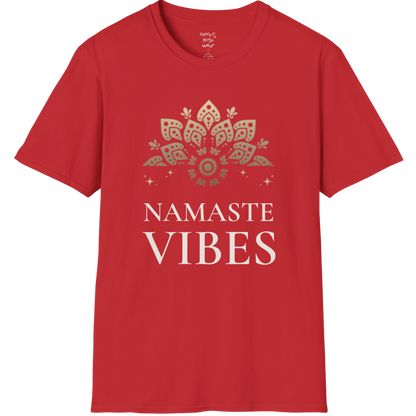 Ornate gold lotus crest above “NAMASTE VIBES” vintage typography design — The Vault collection by Ramro Yoga Wear — Red