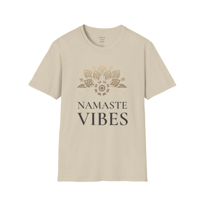 Ornate gold lotus crest above “NAMASTE VIBES” vintage typography design — The Vault collection by Ramro Yoga Wear — Sand