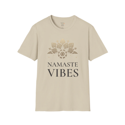 Ornate gold lotus crest above “NAMASTE VIBES” vintage typography design — The Vault collection by Ramro Yoga Wear — Sand