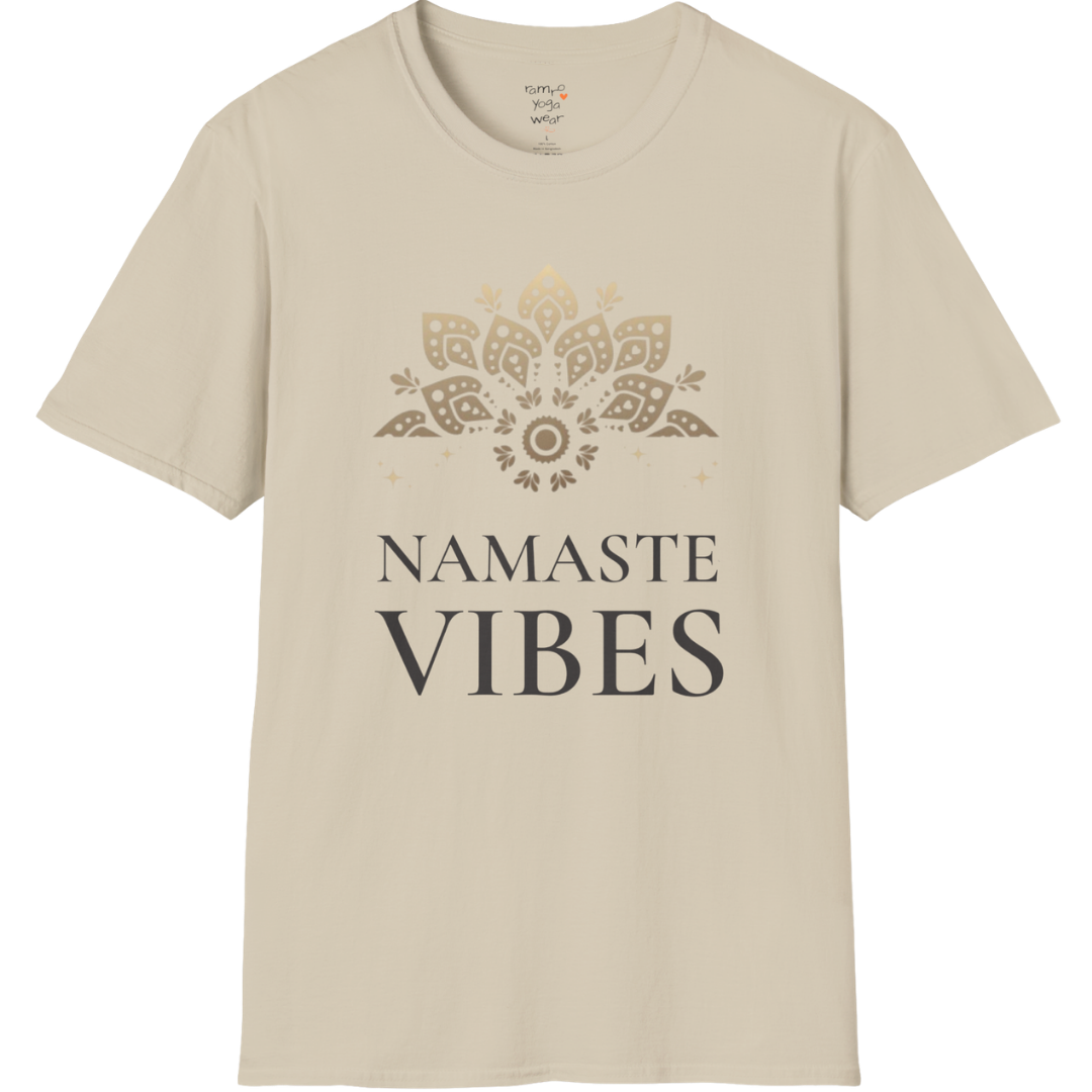 Ornate gold lotus crest above “NAMASTE VIBES” vintage typography design — The Vault collection by Ramro Yoga Wear — Sand