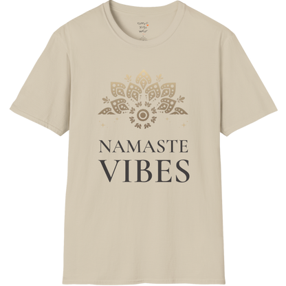 Ornate gold lotus crest above “NAMASTE VIBES” vintage typography design — The Vault collection by Ramro Yoga Wear — Sand