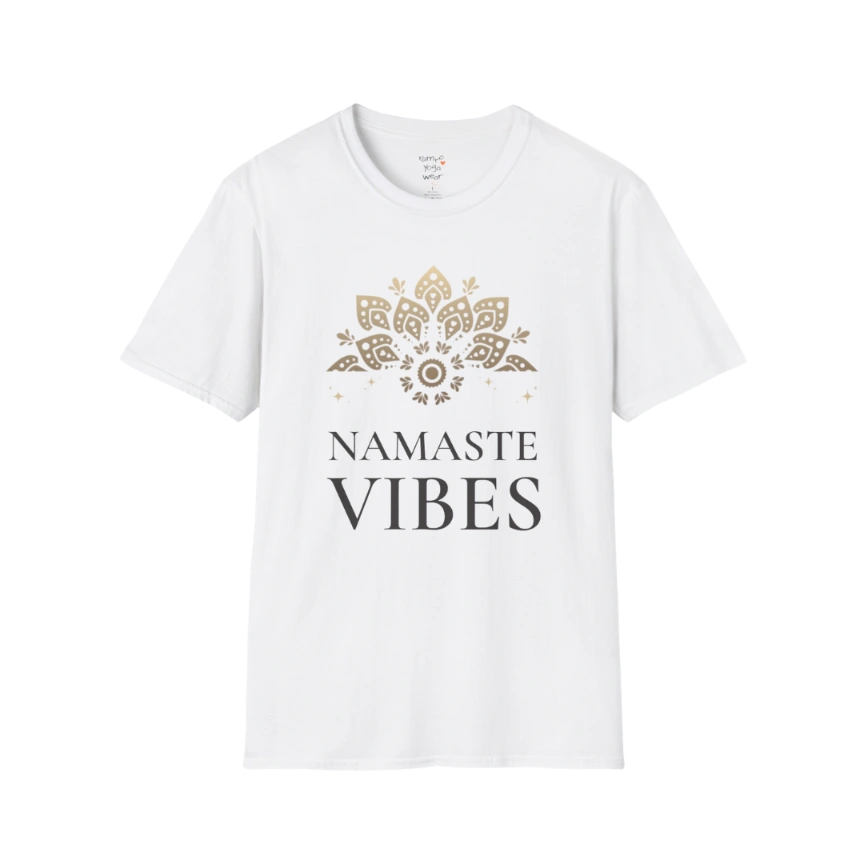 Ornate gold lotus crest above “NAMASTE VIBES” vintage typography design — The Vault collection by Ramro Yoga Wear — White