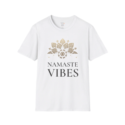 Ornate gold lotus crest above “NAMASTE VIBES” vintage typography design — The Vault collection by Ramro Yoga Wear — White