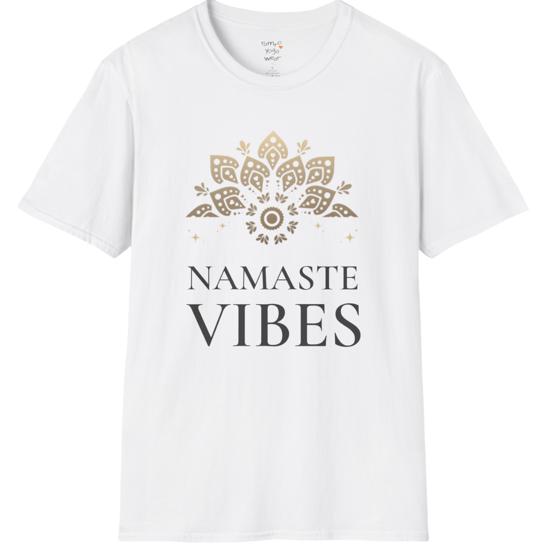 Ornate gold lotus crest above “NAMASTE VIBES” vintage typography design — The Vault collection by Ramro Yoga Wear — White