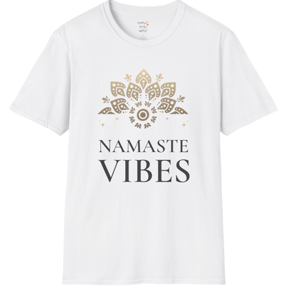 Ornate gold lotus crest above “NAMASTE VIBES” vintage typography design — The Vault collection by Ramro Yoga Wear — White