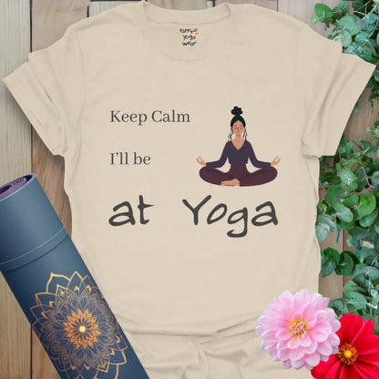 Natural Keep Calm T-Shirt featuring a peaceful yogi graphic and mindful yoga message.