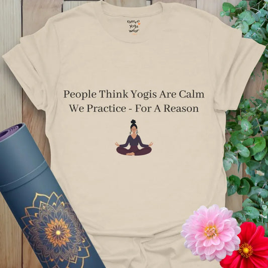Natural yoga lifestyle T-shirt featuring calm meditating yogi illustration and mindful humor text.