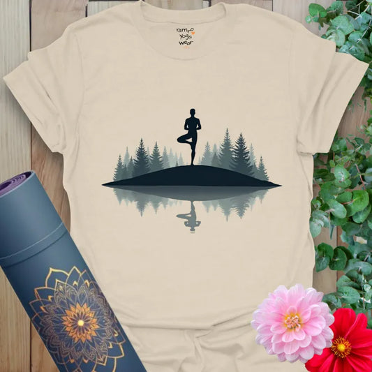 Natural Still Point T-Shirt with yoga Tree Pose silhouette and forest reflection. Minimal design inspired by balance and calm.