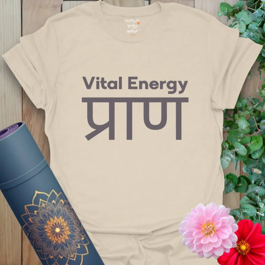 Natural color tee with deep charcoal “Vital Energy” and “प्राण” text. A grounded and earthy piece for breathwork lovers.