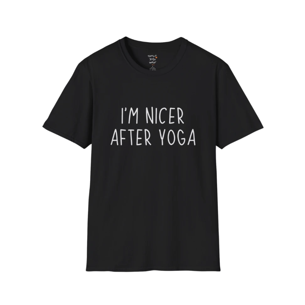 Nicer After Yoga T-Shirt in black featuring clean text design with relatable yoga message, simple and mindful style.