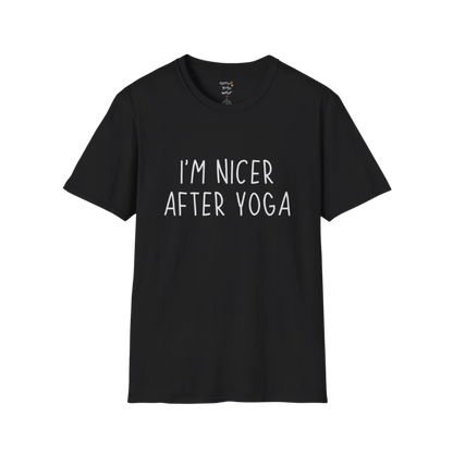 Nicer After Yoga T-Shirt in black featuring clean text design with relatable yoga message, simple and mindful style.