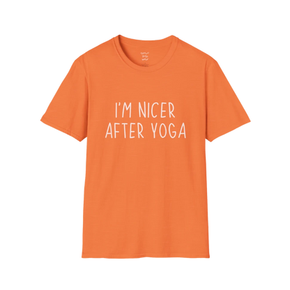 Nicer After Yoga T-Shirt in heather orange with minimalist text design, playful and relatable yoga-inspired tee.