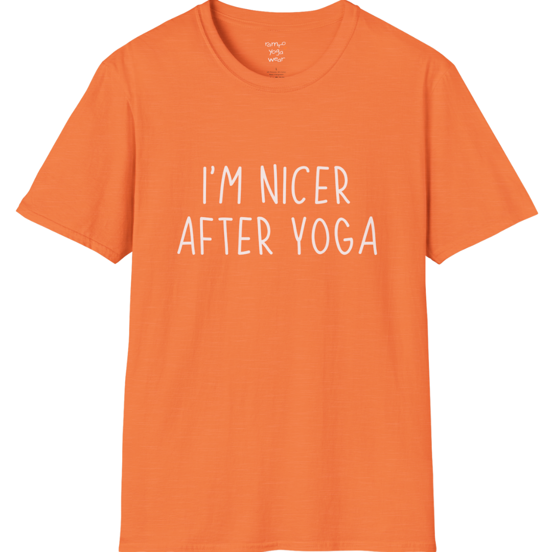 Nicer After Yoga T-Shirt with clean text design — The Vault collection by Ramro Yoga Wear — Heather Orange