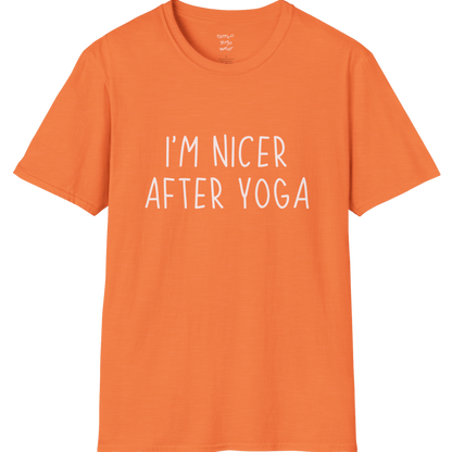 Nicer After Yoga T-Shirt with clean text design — The Vault collection by Ramro Yoga Wear — Heather Orange