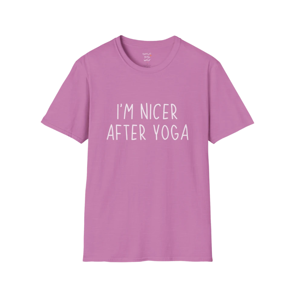 Nicer After Yoga T-Shirt in heather radiant orchid featuring soft text design, lighthearted and mindful yoga tee.