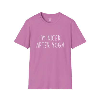 Nicer After Yoga T-Shirt in heather radiant orchid featuring soft text design, lighthearted and mindful yoga tee.