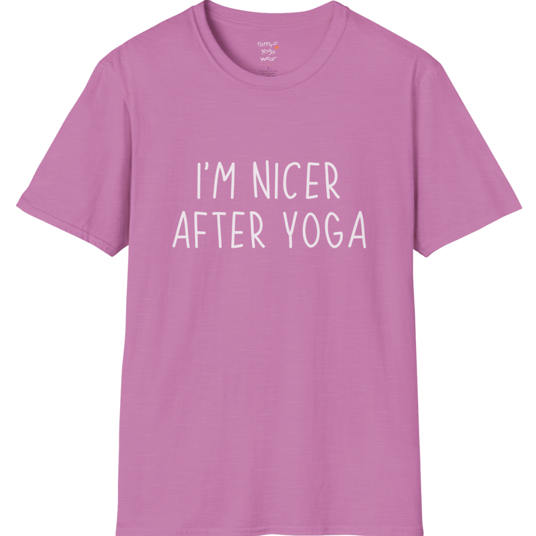 Nicer After Yoga T-Shirt with clean text design — The Vault collection by Ramro Yoga Wear — Heather Radiant Orchid.