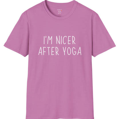 Nicer After Yoga T-Shirt with clean text design — The Vault collection by Ramro Yoga Wear — Heather Radiant Orchid.