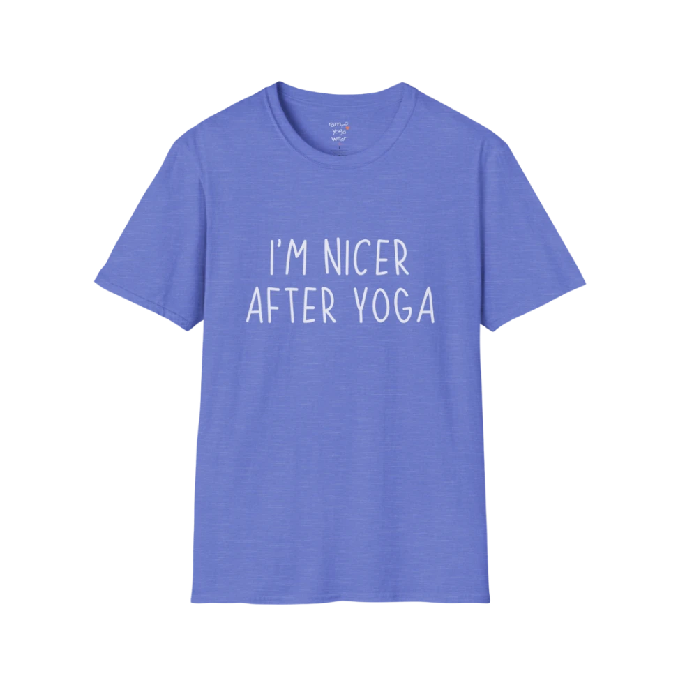 Nicer After Yoga T-Shirt in heather royal with clean typography design, relaxed and relatable yoga lifestyle tee.