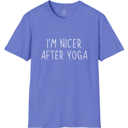 Nicer After Yoga T-Shirt with clean text design — The Vault collection by Ramro Yoga Wear — Heather Royal