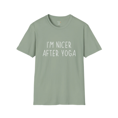 Nicer After Yoga T-Shirt in sage featuring minimalist text design, earthy tone mindful yoga tee.