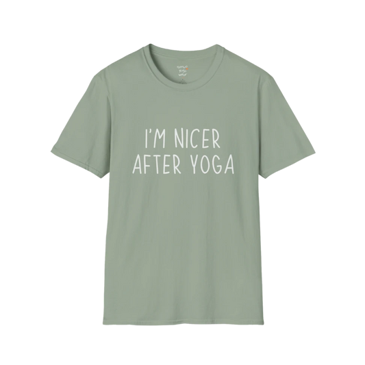 Nicer After Yoga T-Shirt in sage featuring minimalist text design, earthy tone mindful yoga tee.