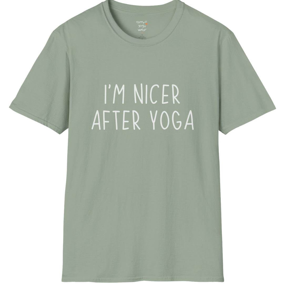 Nicer After Yoga T-Shirt with clean text design — The Vault collection by Ramro Yoga Wear — Sage