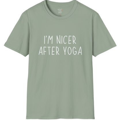 Nicer After Yoga T-Shirt with clean text design — The Vault collection by Ramro Yoga Wear — Sage