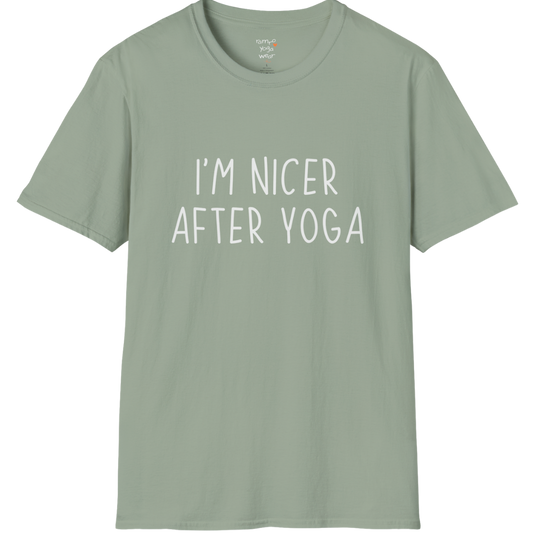 Nicer After Yoga T-Shirt with clean text design — The Vault collection by Ramro Yoga Wear — Sage
