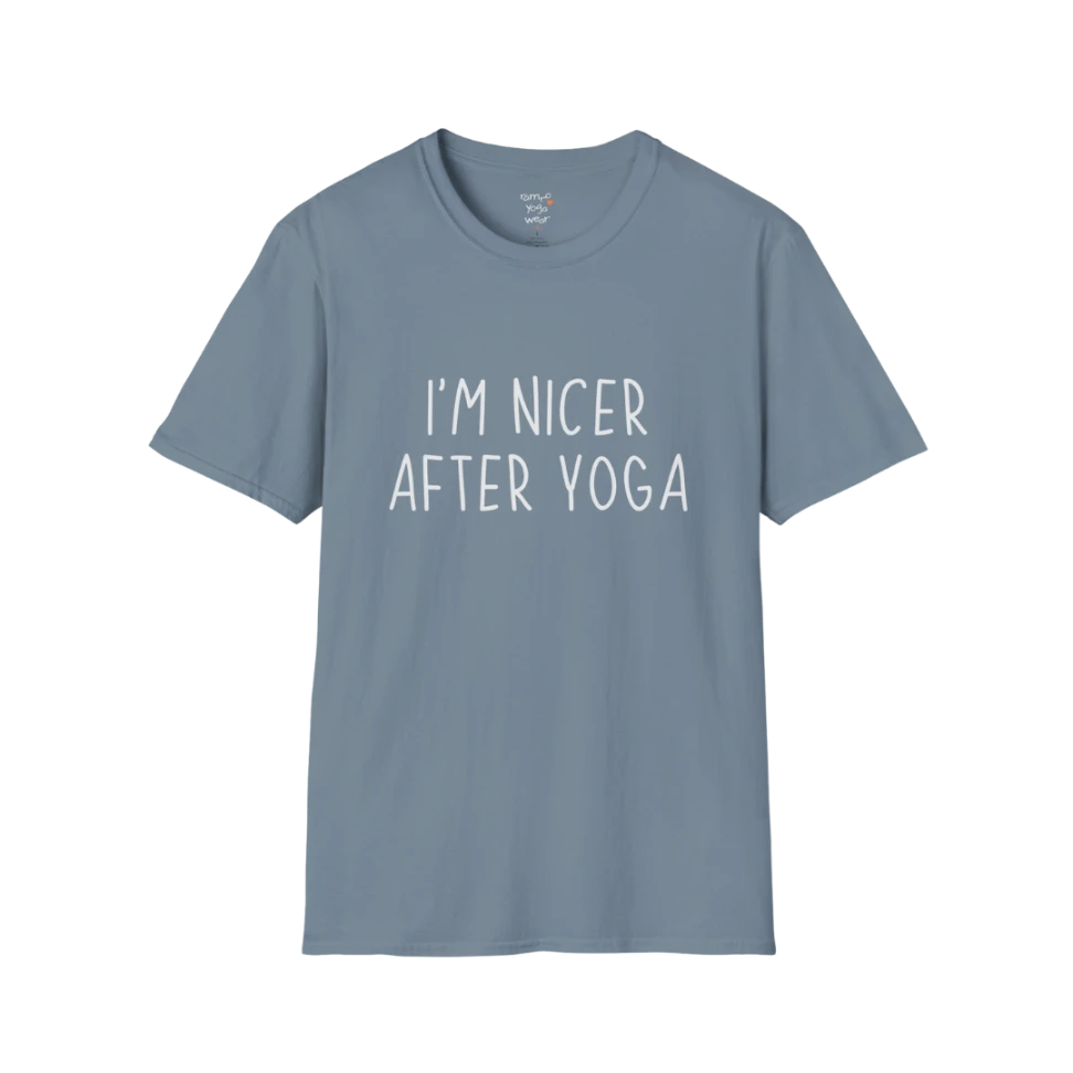 Nicer After Yoga T-Shirt in stone blue with clean text design, calm and relatable yoga-inspired style.