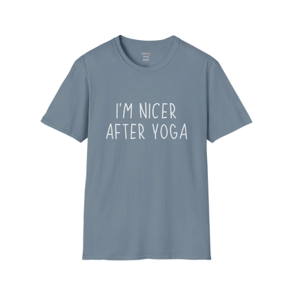Nicer After Yoga T-Shirt in stone blue with clean text design, calm and relatable yoga-inspired style.