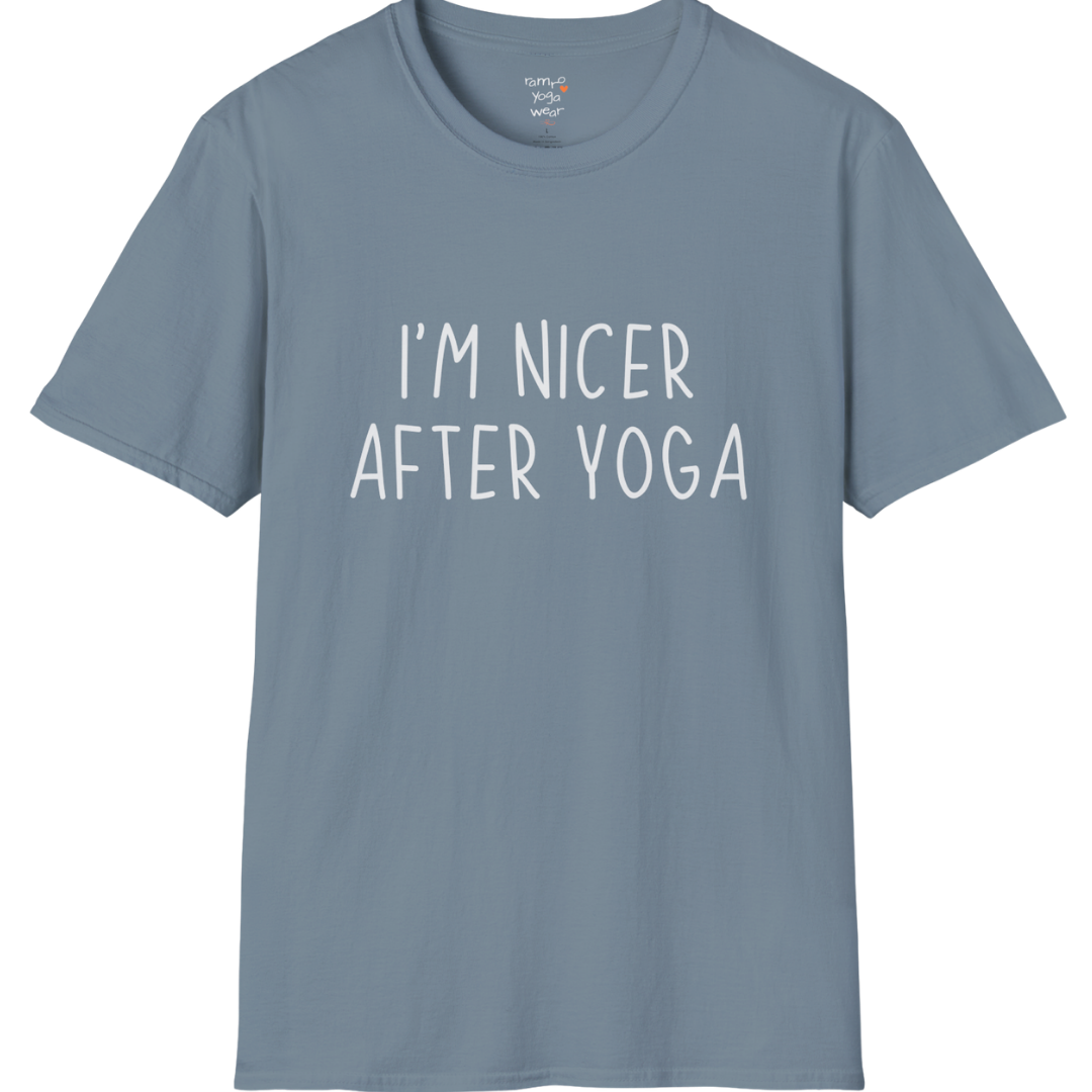 Nicer After Yoga T-Shirt with clean text design — The Vault collection by Ramro Yoga Wear — Stone Blue