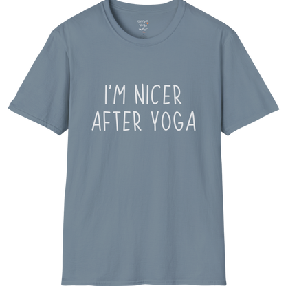 Nicer After Yoga T-Shirt with clean text design — The Vault collection by Ramro Yoga Wear — Stone Blue