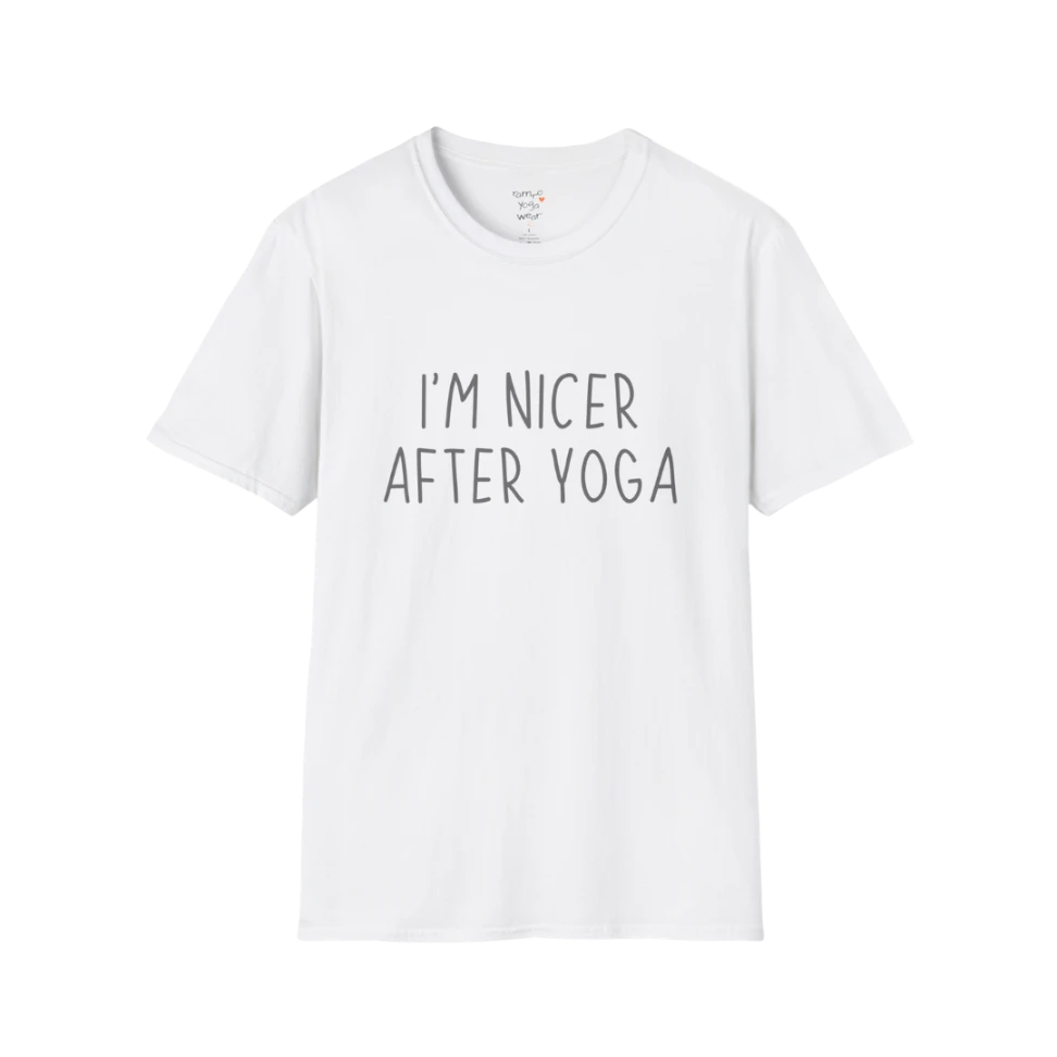 Nicer After Yoga T-Shirt in white featuring simple text design, fresh and playful mindful yoga tee.
