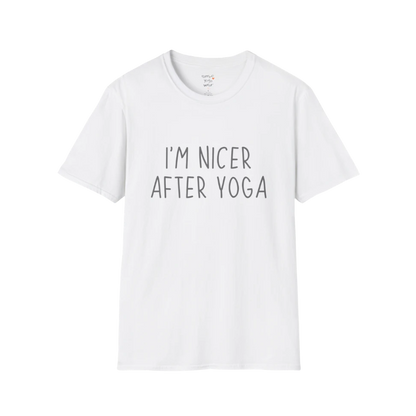 Nicer After Yoga T-Shirt in white featuring simple text design, fresh and playful mindful yoga tee.