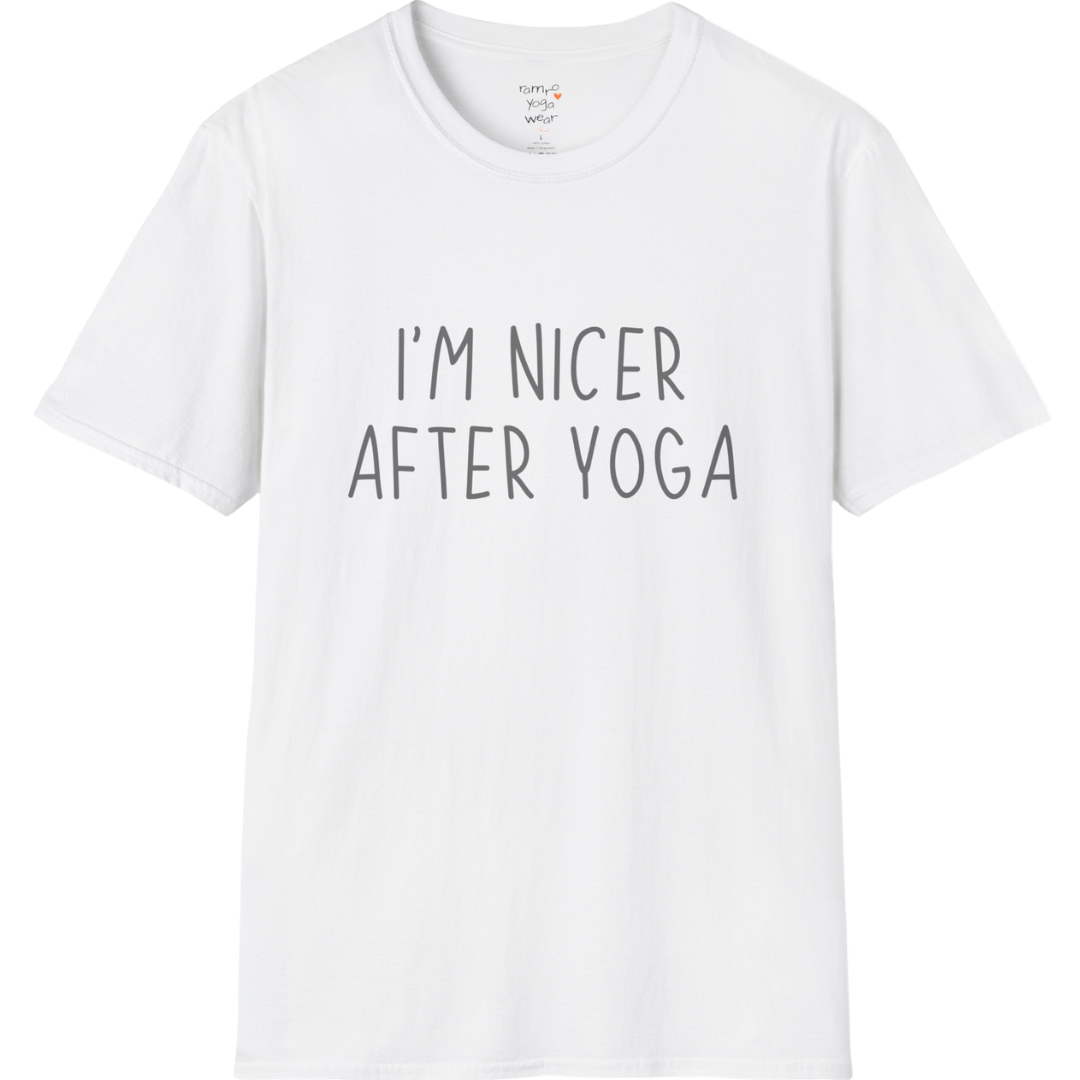 Nicer After Yoga T-Shirt with clean text design — The Vault collection by Ramro Yoga Wear — White
