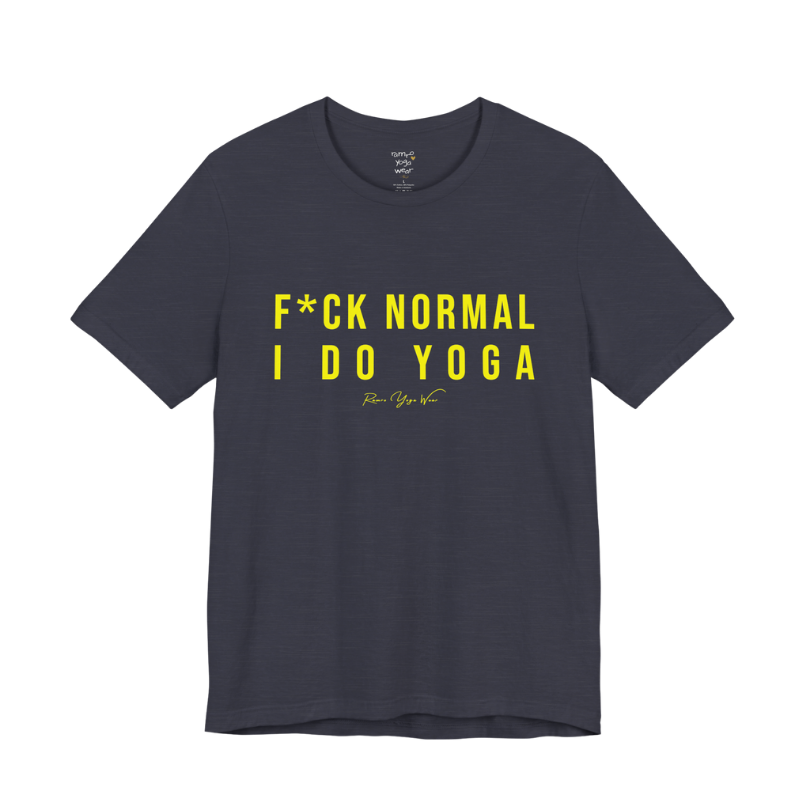 Bold yoga slogan tee in Heather Midnight Navy — Funny Yoga Shirts collection by Ramro Yoga Wear