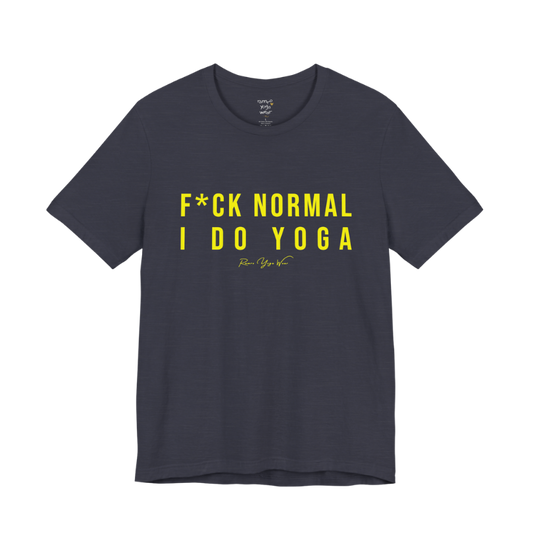 Bold yoga slogan tee in Heather Midnight Navy — Funny Yoga Shirts collection by Ramro Yoga Wear